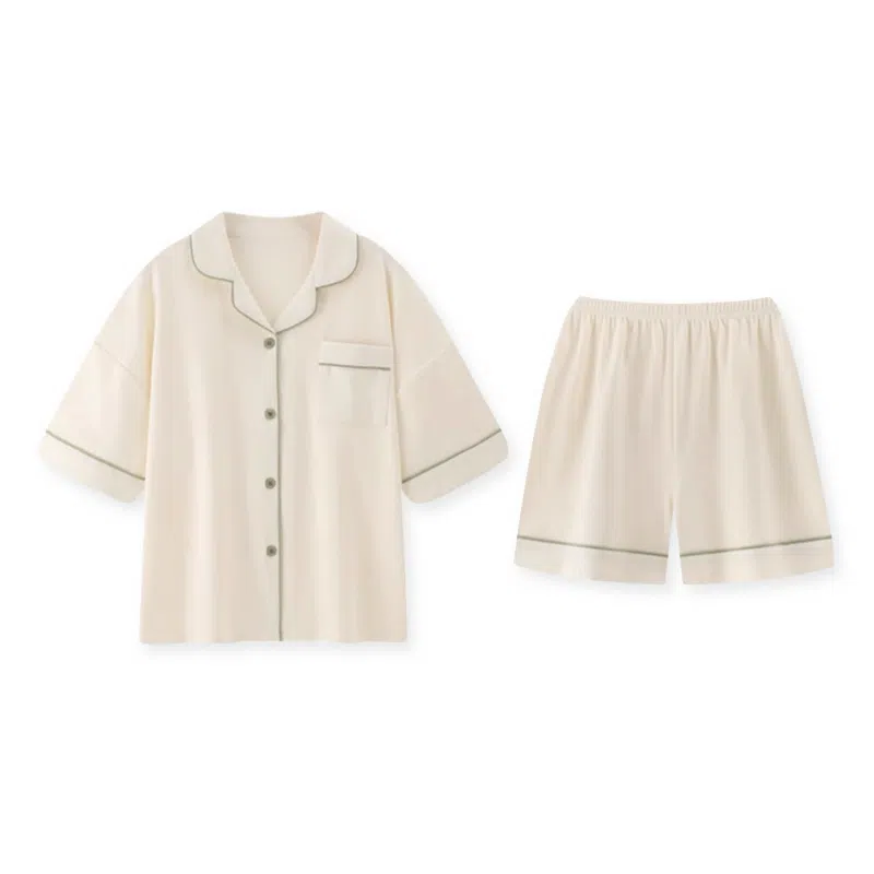 夏芬妍 简约休闲舒适时尚纯色纯棉翻领家居服亲肤宽松短袖短裤可外穿睡衣套装 女款