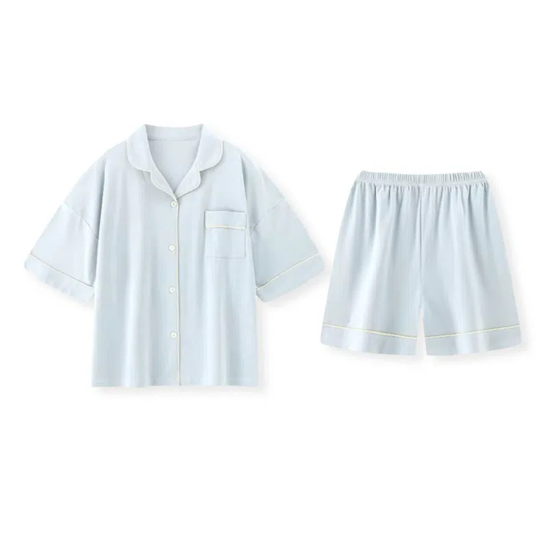 夏芬妍 简约休闲舒适时尚纯色纯棉翻领家居服亲肤宽松短袖短裤可外穿睡衣套装 女款