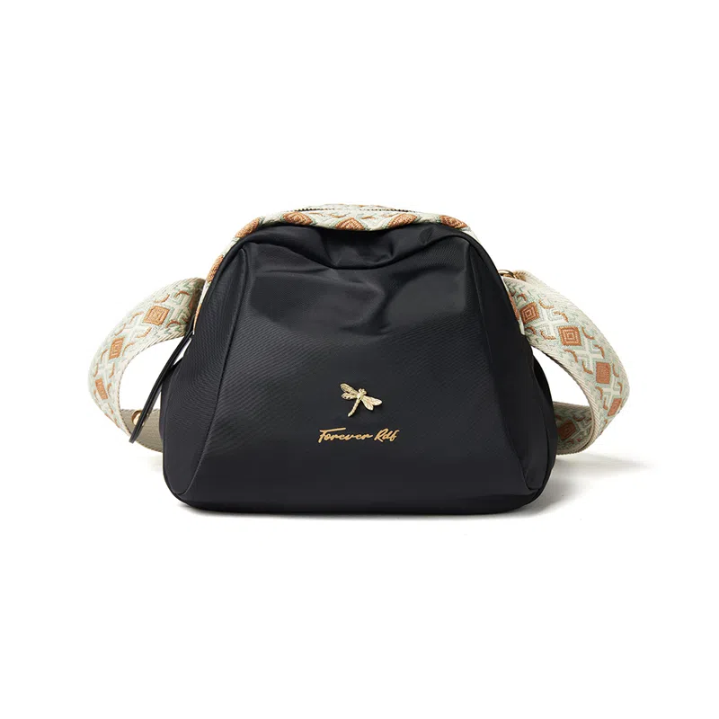 红蜻蜓 时尚简约潮流便携通勤百搭 织物 斜挎包 女款 经典黑色/奶茶色