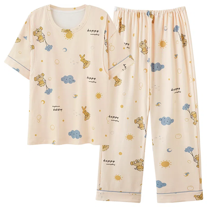 莫代尔 韩版舒适亲肤柔软轻盈透气休闲微弹圆领短袖长裤时尚家居月子服可外穿睡衣套装 女款 杏色