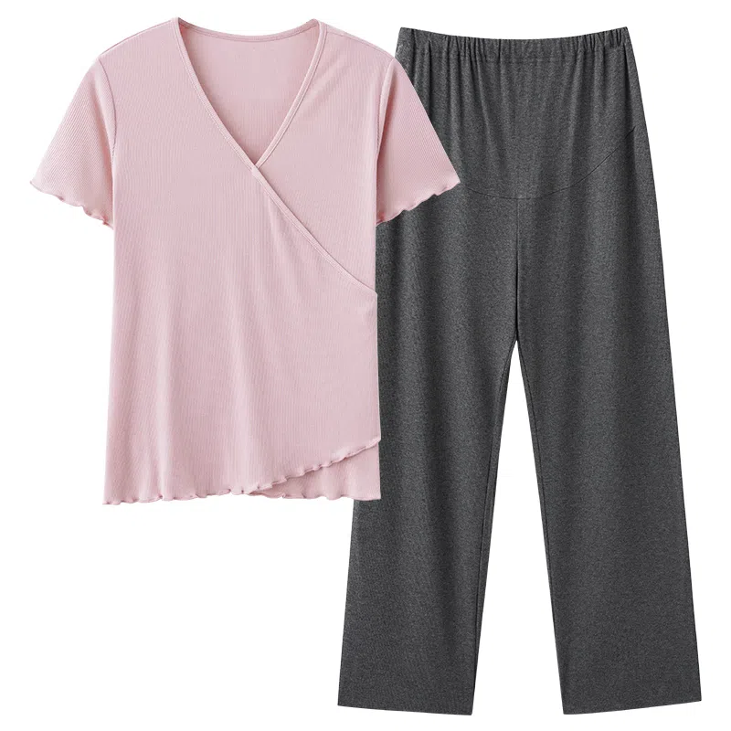 莫代尔 可外穿柔软休闲透气舒适清新时尚短袖长裤居家服睡衣套装 女款 粉红色