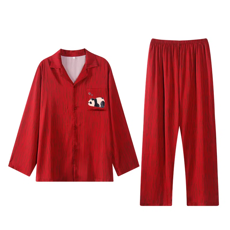 俏薇妮 简约纯色柔软喜庆冰丝古风高级感长袖长裤家居服宽松舒适休闲透气可外穿春秋睡衣套装 女款 红色