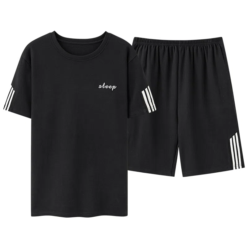 莫代尔 透气舒适经典圆领套头无束缚短袖柔软亲肤不易起球居家服可外穿睡衣套装 男款 黑色