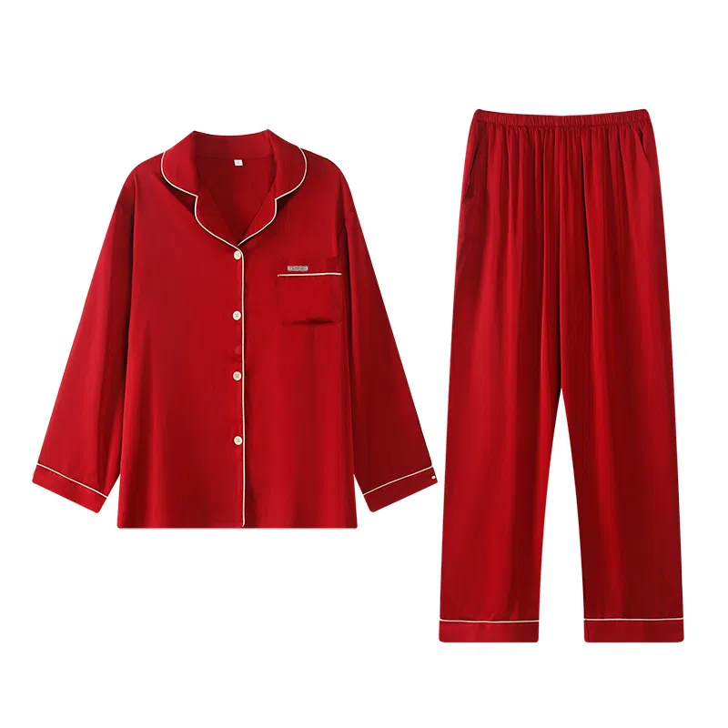 俏薇妮 简约纯色柔软喜庆冰丝时尚大气高级感长袖长裤家居服宽松舒适休闲透气可外穿春秋睡衣套装 女款 红色