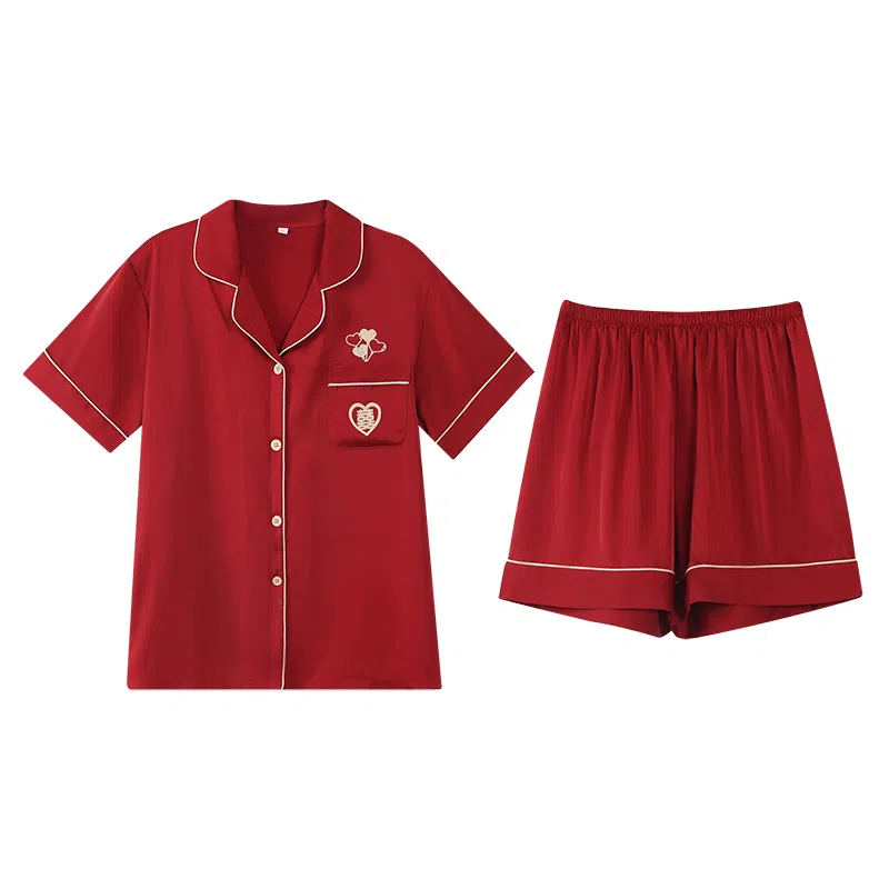 俏薇妮 简约纯色冰丝柔软喜庆时尚高级感短袖短裤家居服休闲宽松舒适凉爽透气可外穿睡衣套装 女款 红色