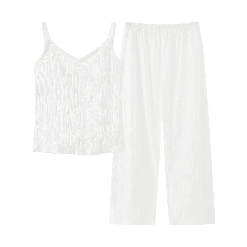 莫代尔 清新百搭韩版无袖时尚透气吊带长裤带胸垫防凸点柔软家居服可外穿睡衣套装 女款 白色