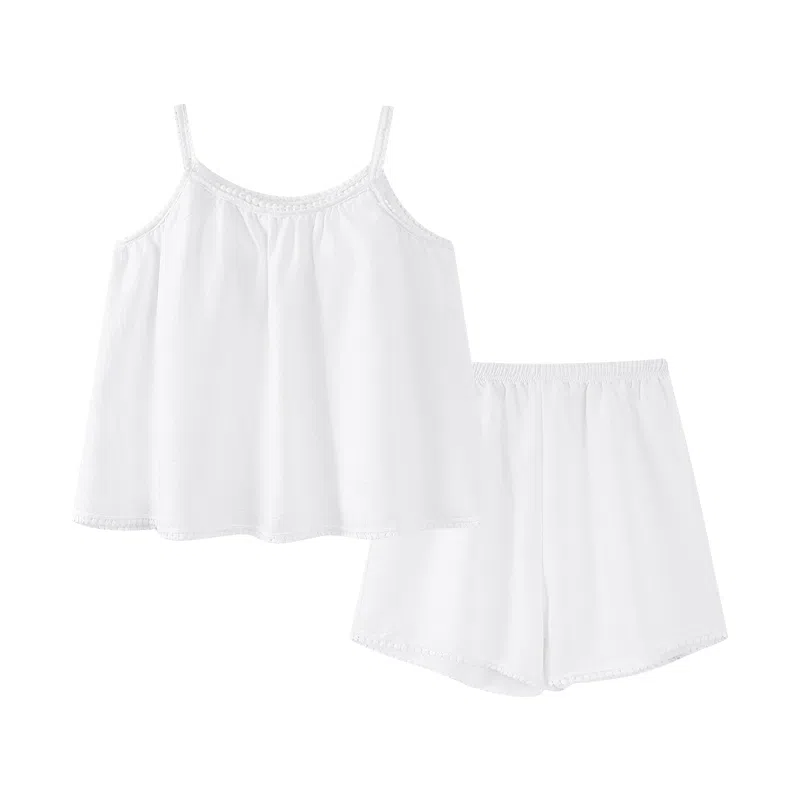 莫代尔 休闲舒适轻盈透气带胸垫防凸点无袖短裤夏季睡衣套装 女款 白色