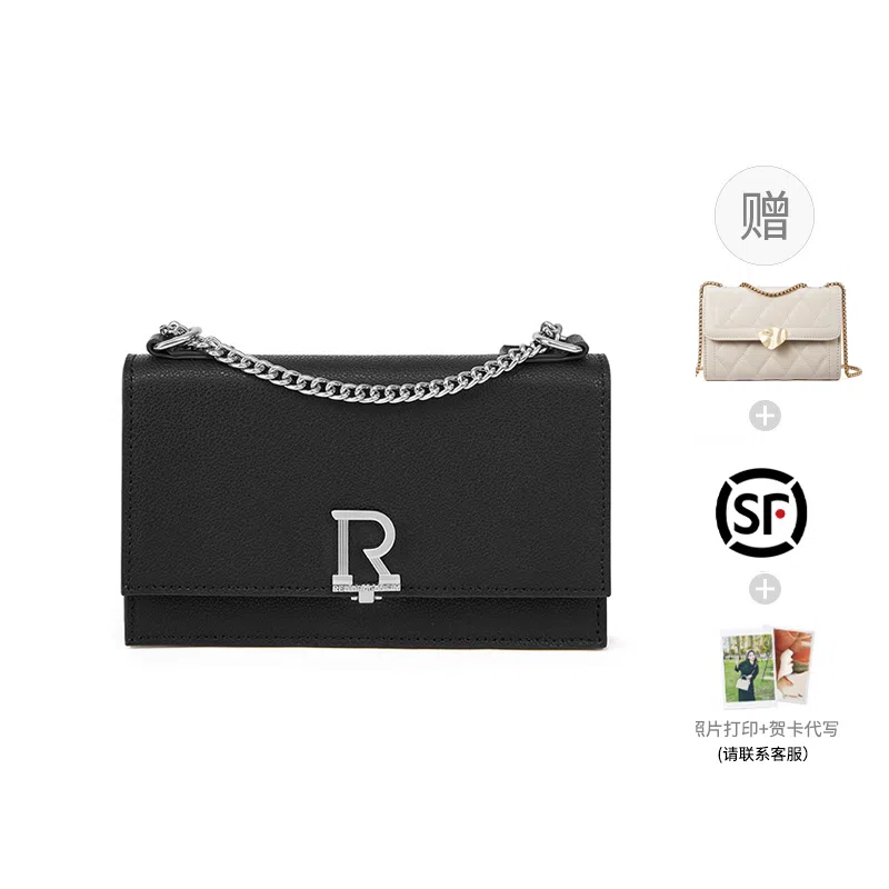 红蜻蜓 经典休闲风简约风商务斜挎包腋下包时尚链条手提包 牛剖层皮革 单肩包 常规 女款 黑色