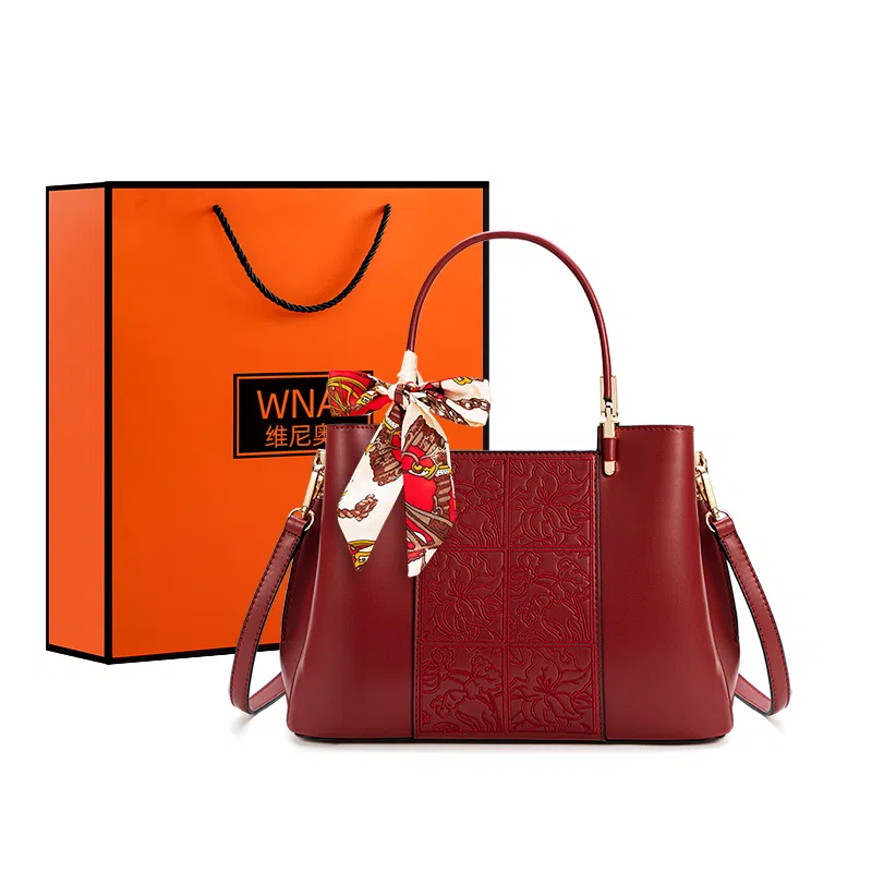 维尼奥 新中式刺绣高级感百搭大容量气质妈妈包通勤 合成革 手提包单肩斜挎 中号 女款 黑色/杏色/红色/蓝色