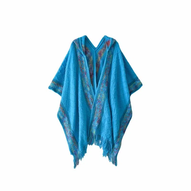 北极绒 时尚连帽民族风彩虹边流苏针织外搭春秋季出游必备 披肩 女款