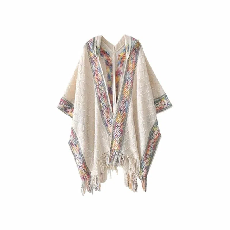 北极绒 时尚连帽民族风彩虹边流苏针织外搭春秋季出游必备 披肩 女款