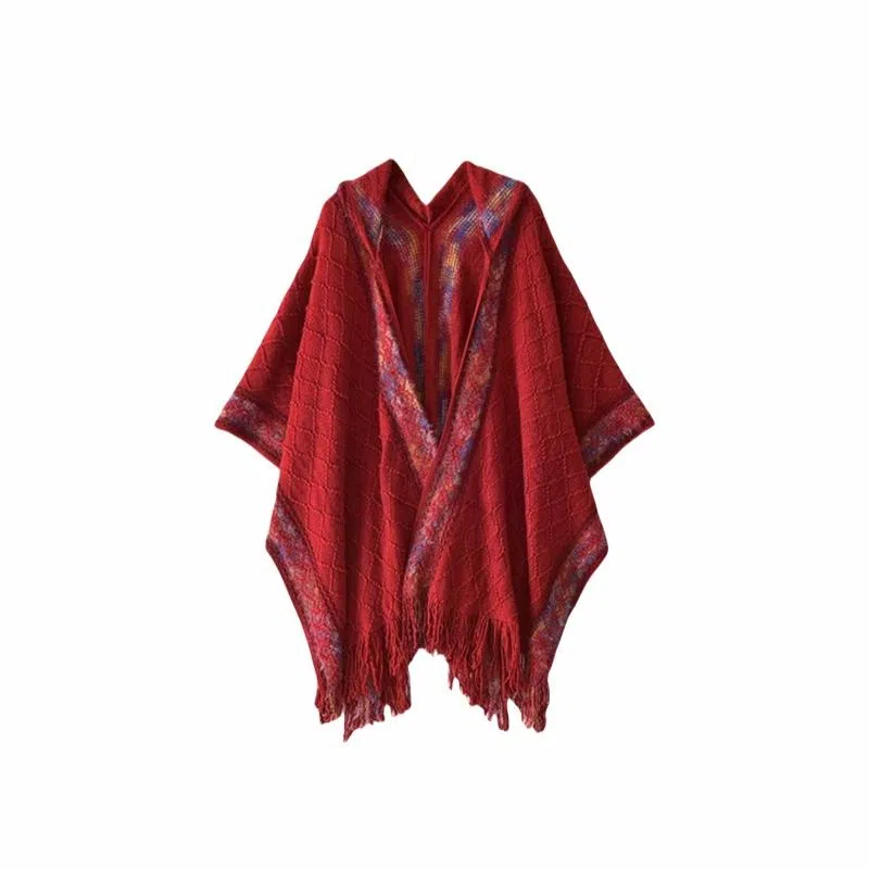 北极绒 时尚连帽民族风彩虹边流苏针织外搭春秋季出游必备 披肩 女款