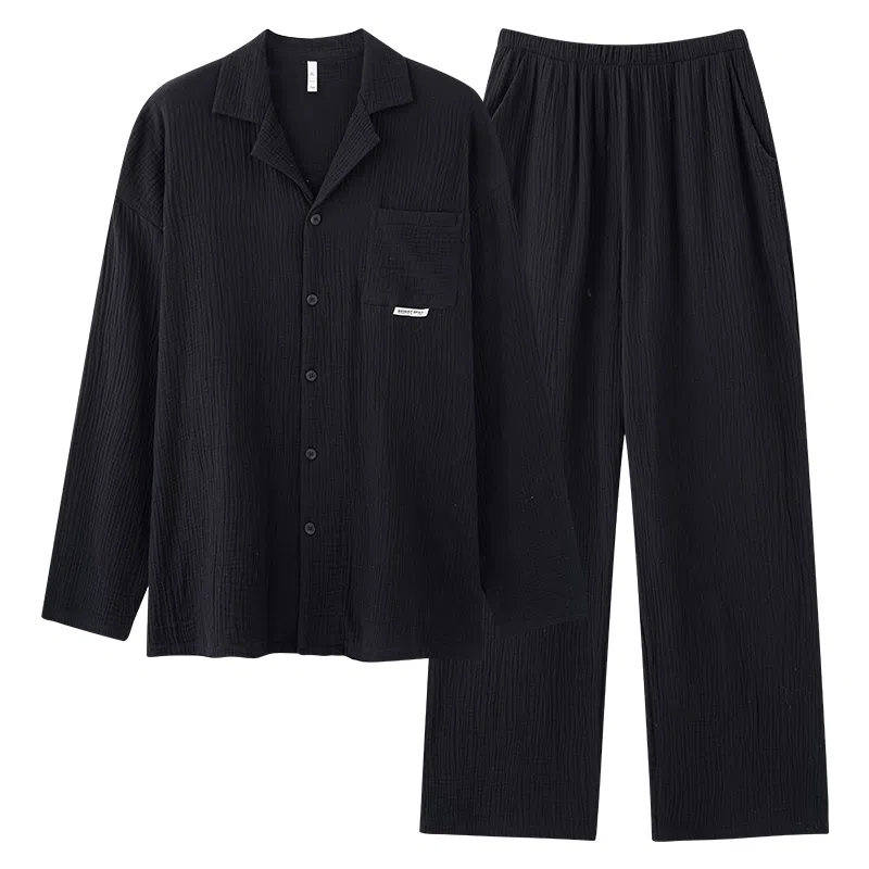 夏芬妍 舒适柔软纯色长袖上衣家居服休闲亲肤可外穿长裤睡衣套装 男款 黑色