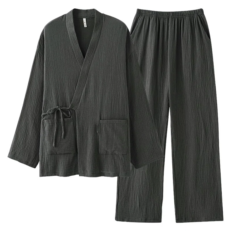 夏芬妍 轻盈舒适柔软侘寂风纯色婴儿棉双层纱开衫家居服休闲亲肤宽松长袖长裤可外穿睡衣套装 男女同款
