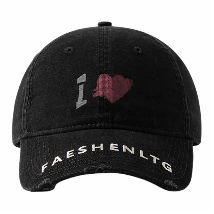 优莲茵 大帽檐显脸小爱心涂鸦 做旧水洗磨破刺绣字母潮流小众 棉 鸭舌帽 男女同款情侣款