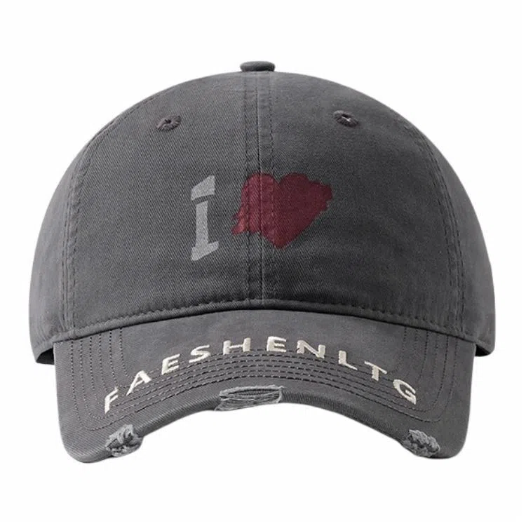 优莲茵 大帽檐显脸小爱心涂鸦 做旧水洗磨破刺绣字母潮流小众 棉 鸭舌帽 男女同款情侣款