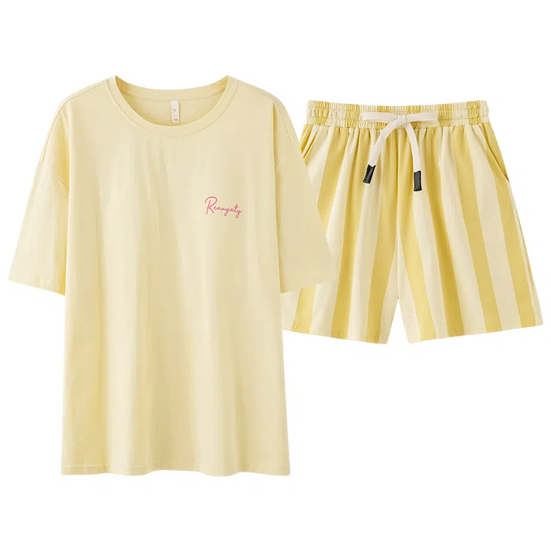 夏芬妍 时尚舒适柔软纯色条纹裤家居服凉感透气亲肤宽松短袖短裤可外穿睡衣套装 女款 黄色