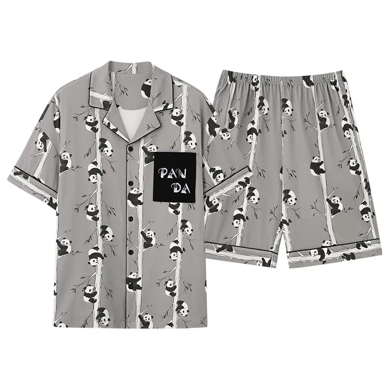 夏芬妍 简约舒适柔软爬树熊猫纯棉翻领家居服透气亲肤宽松短袖短裤可外穿睡衣套装 男女同款