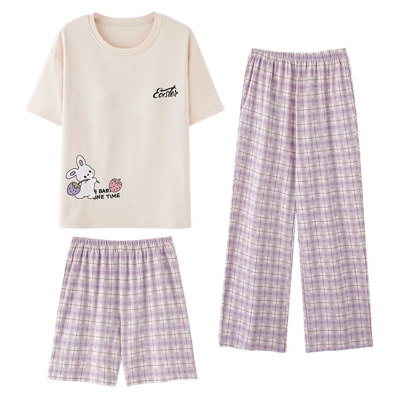 夏芬妍 简约舒适柔软复古格子草莓兔纯棉家居服透气亲肤宽松短袖圆领套头三件套可外穿睡衣套装 女款 紫色