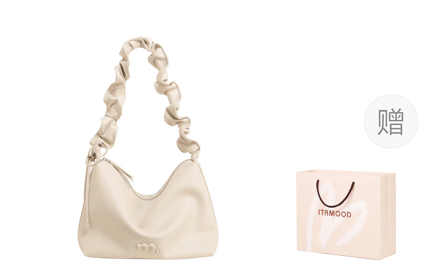 妙迪 早春轻便云朵托特包小众慵懒风抽绳褶皱软皮宽肩带通勤学院风腋下包 牛皮 手提单肩斜挎包 女款 香草奶油白