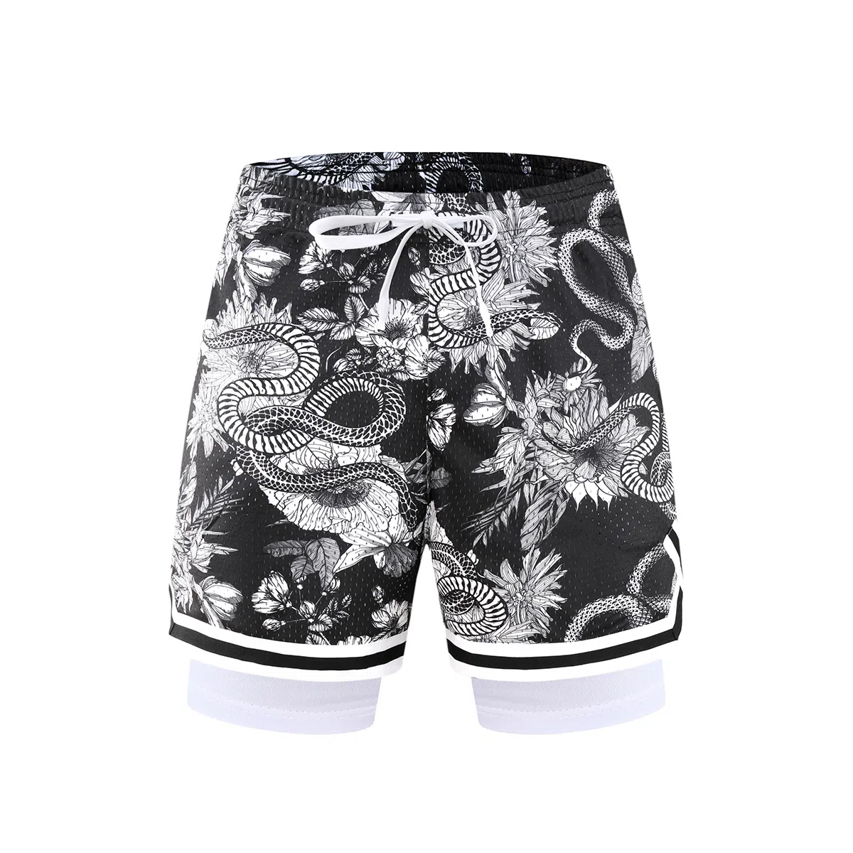 特色玫瑰蛇纹拼花透气速干凉感宽松篮球训练五分假两件裤运动短裤 男女同款