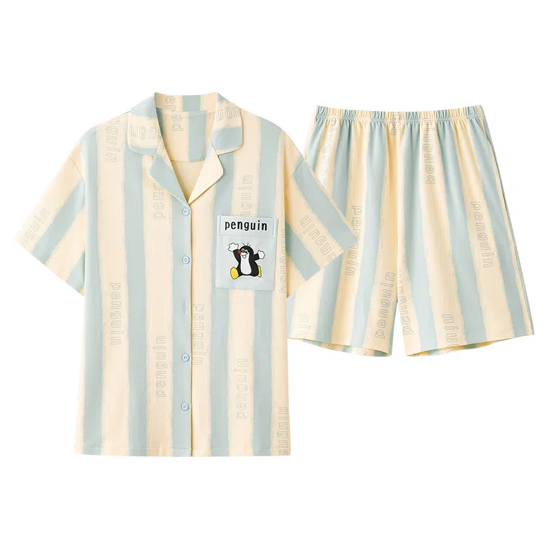 夏芬妍 简约舒适柔软条纹卡通英文纯棉翻领家居服透气亲肤宽松短袖短裤可外穿睡衣套装 男女同款