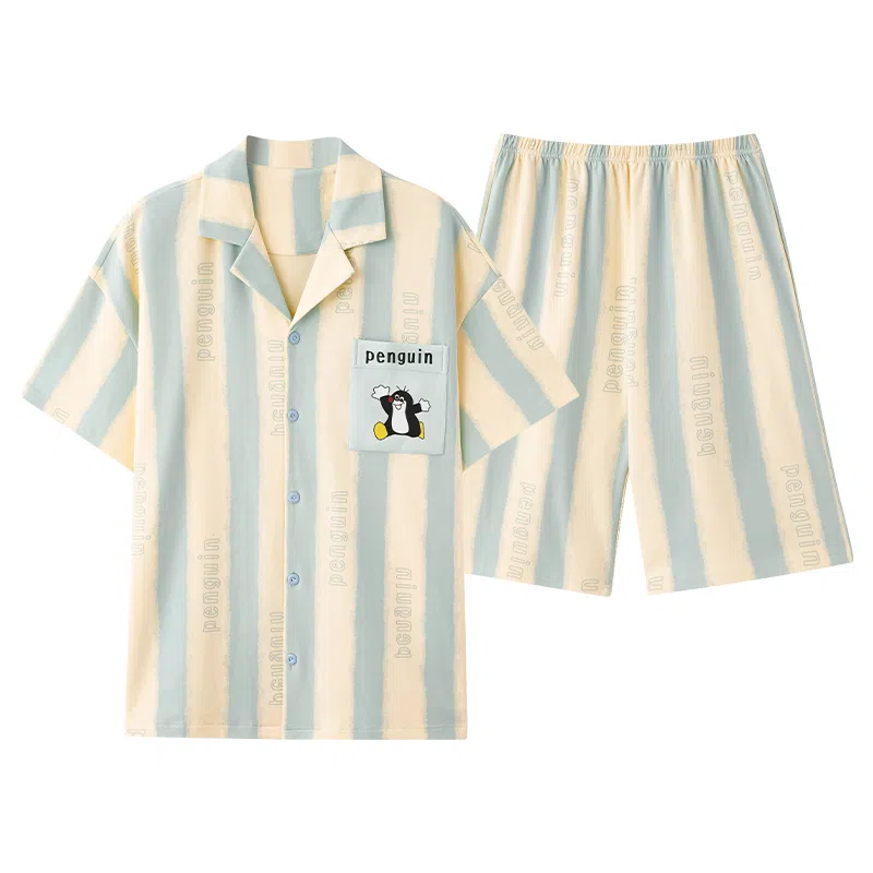 夏芬妍 简约舒适柔软条纹卡通英文纯棉翻领家居服透气亲肤宽松短袖短裤可外穿睡衣套装 男女同款