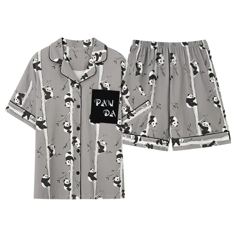 夏芬妍 简约舒适柔软爬树熊猫纯棉翻领家居服透气亲肤宽松短袖短裤可外穿睡衣套装 男女同款