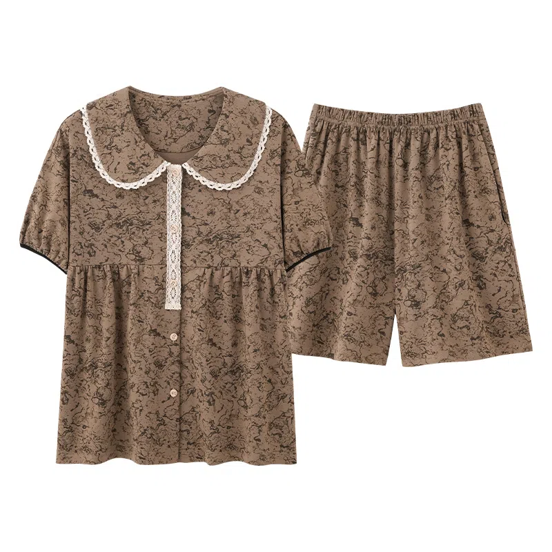 夏芬妍 简约舒适柔软复古蕾丝纯棉翻领家居服透气亲肤宽松短袖短裤可外穿睡衣套装 女款 棕色