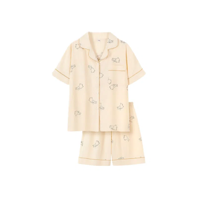 夏芬妍 柔软舒适幸运兔云朵棉翻领开衫家居服亲肤休闲短袖短裤可外穿睡衣套装 女款 杏色