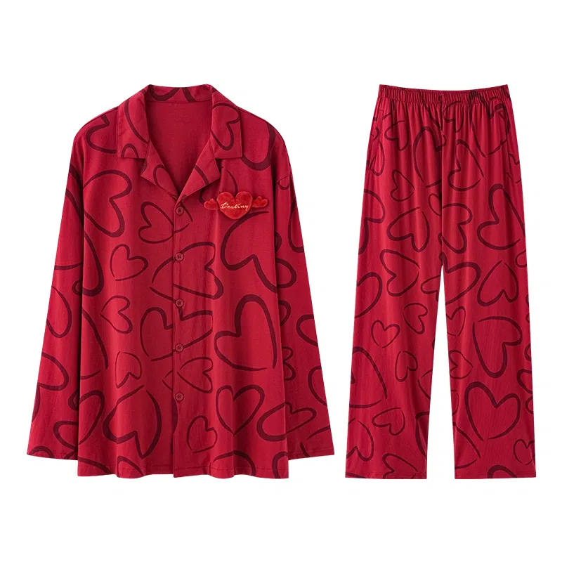 兰缪 喜庆翻领亲肤舒适长袖长裤家居服睡衣套装 男款 图片色