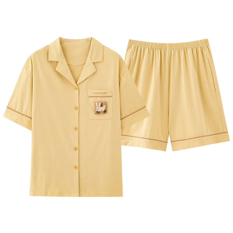 夏芬妍 简约舒适柔软纯色卡通兔子纯棉翻领家居服透气亲肤宽松短袖短裤可外穿睡衣套装 男女同款