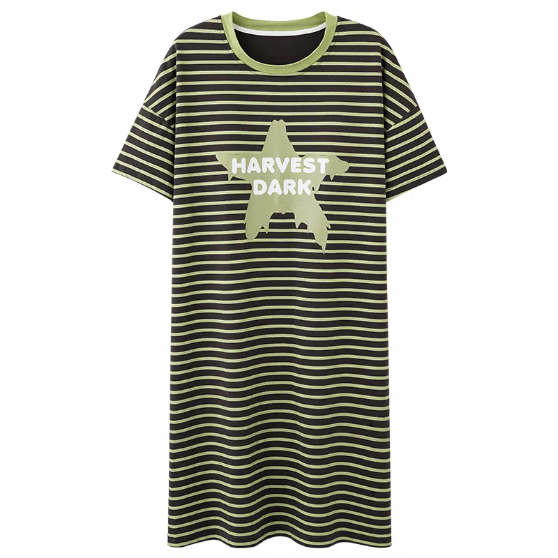 莫代尔 轻盈透气个性百搭圆领套头舒适柔软亲肤清新时尚短袖可外穿夏季睡裙 女款 绿色