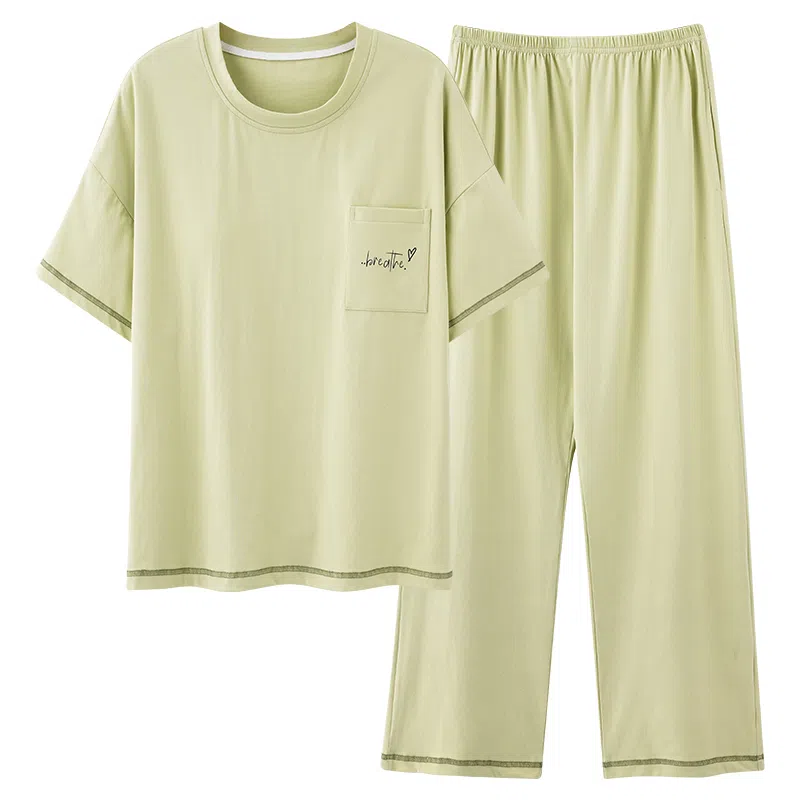 莫代尔 舒适简约时尚气质圆领套头个性百搭柔软亲肤不易起球短袖长裤可外穿夏季睡衣套装 女款 浅绿色