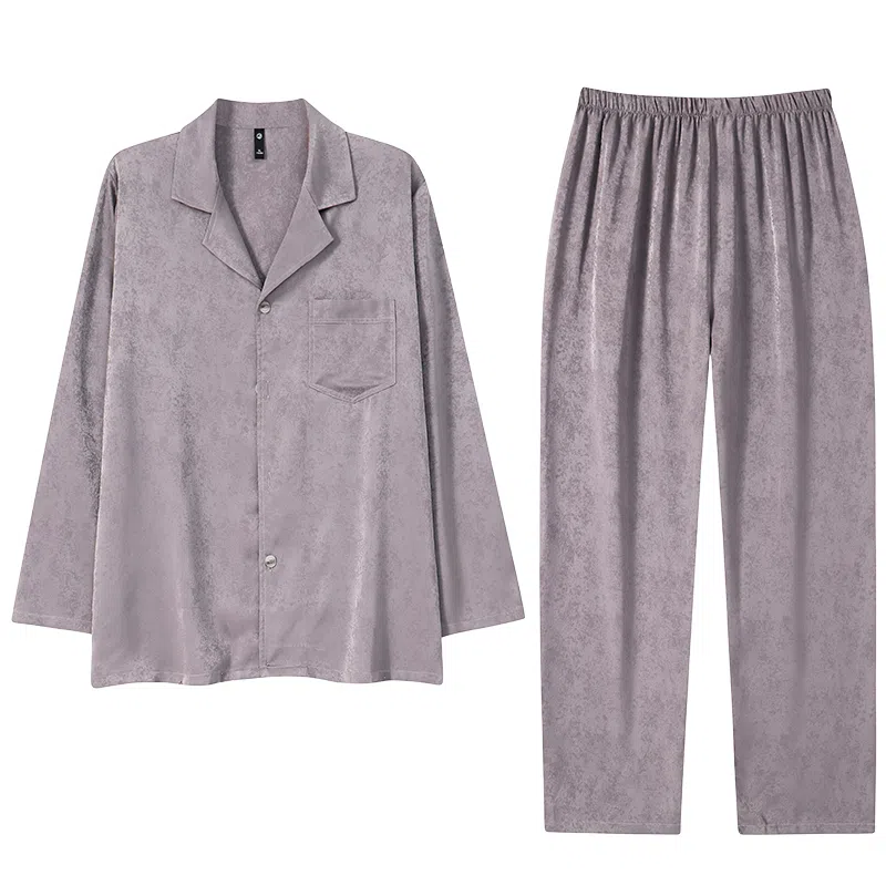 莫代尔 休闲个性翻领开衫简约时尚耐磨柔软细腻无束缚长袖长裤睡衣套装 男款 灰色