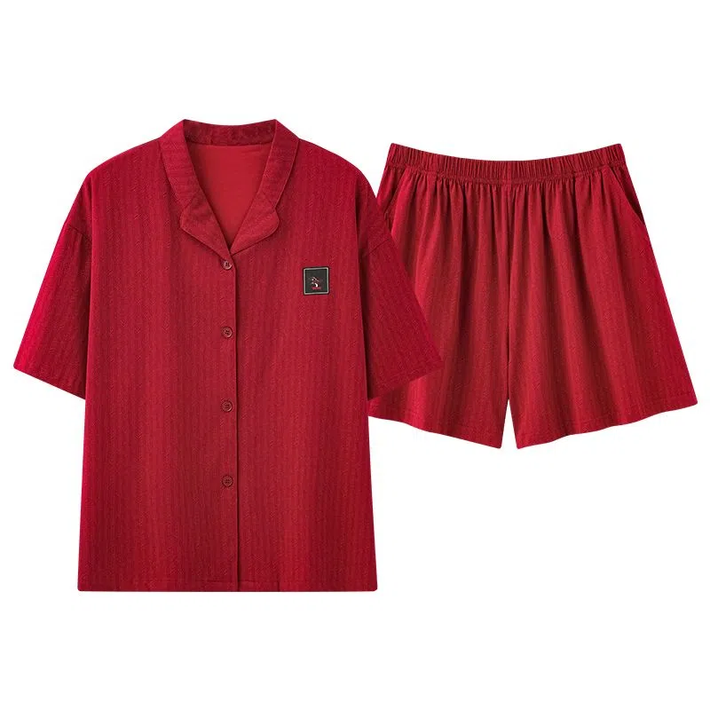 细舍 舒适纯色翻领短袖上衣家居服三分裤睡衣套装 女款 红色