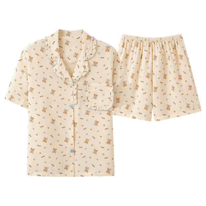 夏芬妍 甜美柔软舒适蝴蝶结小樱桃云朵棉翻领家居服亲肤休闲短袖短裤可外穿睡衣套装 女款 杏色