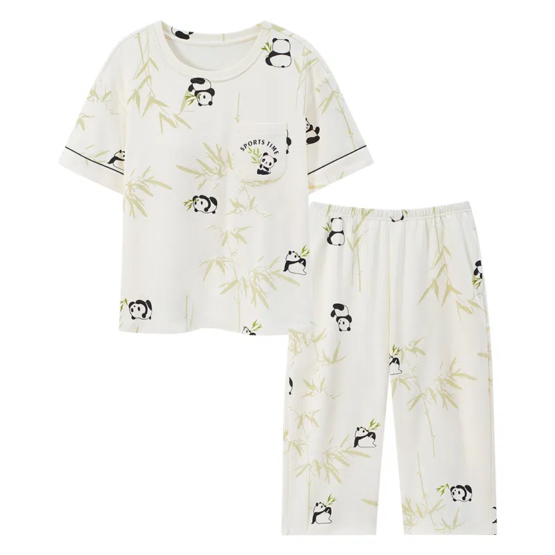 莫代尔 简约大方舒适慵懒圆领套头气质时尚亲肤百搭带胸垫短袖七分裤可外穿夏季睡衣套装 女款 米白色