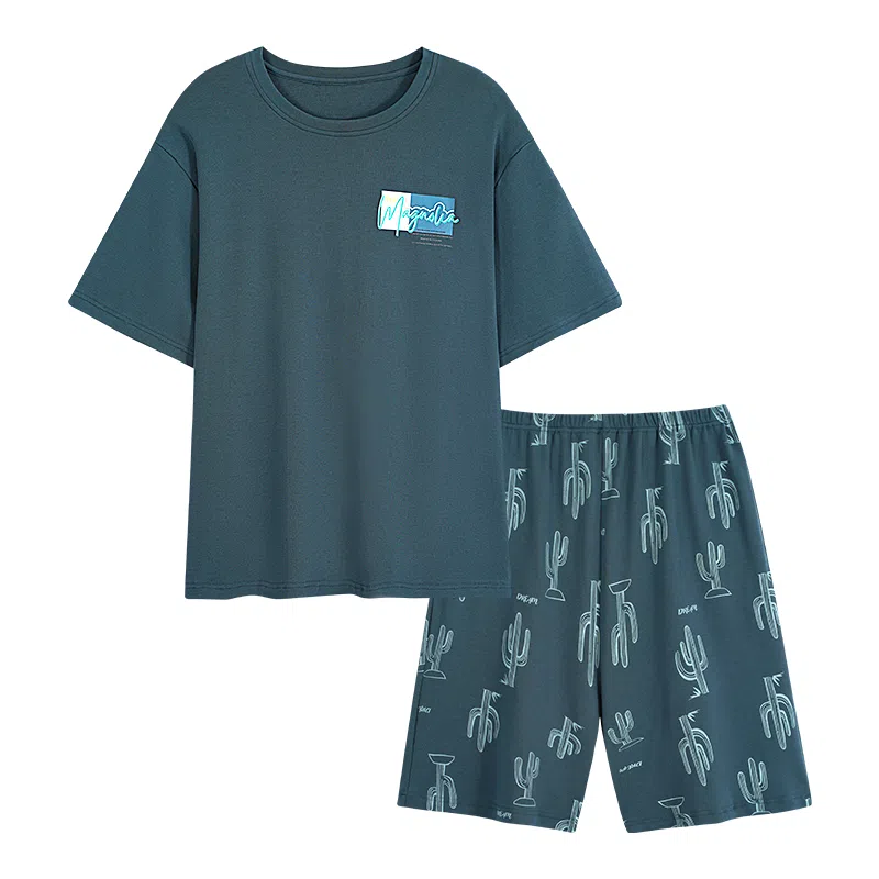 莫代尔 简约休闲透气圆领短袖上衣可外穿家居服五分裤睡衣套装 男款 孔雀绿