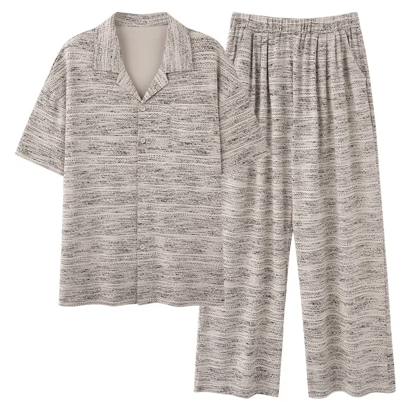 夏芬妍 简约时尚大方柔软舒适横条纹翻领家居服亲肤休闲短袖长裤可外穿睡衣套装 男款 浅棕色