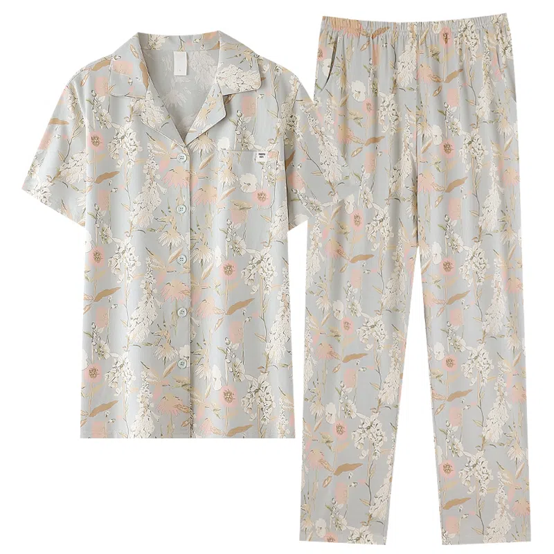 夏芬妍 简约柔软舒适花卉满印翻领短袖上衣家居服亲肤休闲可外穿长裤睡衣套装 女款 灰绿色