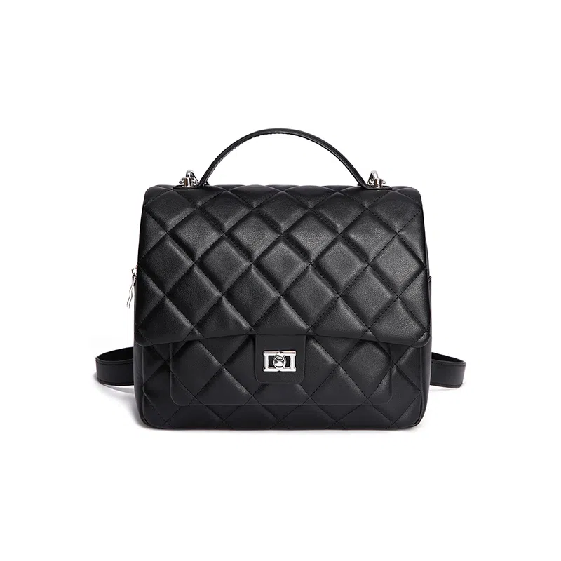 红蜻蜓 菱格纹班通勤小香风高级感洋气 牛剖层革拼合成革 双肩包 女款 黑色