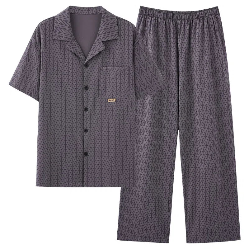 夏芬妍 简约时尚大方柔软舒适规则纹理翻领家居服亲肤休闲短袖长裤可外穿睡衣套装 男款 棕色