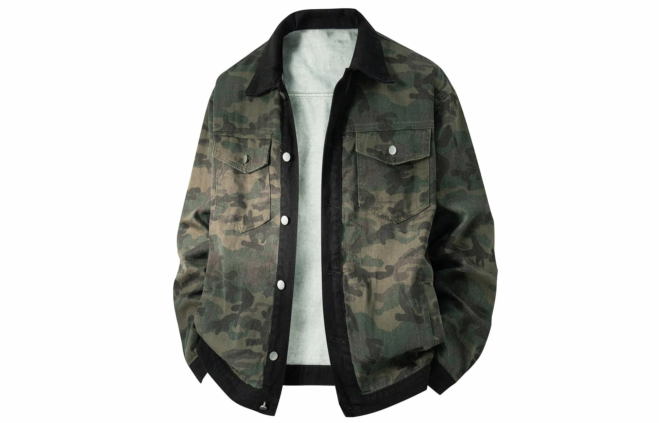 大卫贝肯 美式高街潮牌重水洗做旧迷彩假两件复古字母印花翻领宽松休闲长袖牛仔外套 男女同款