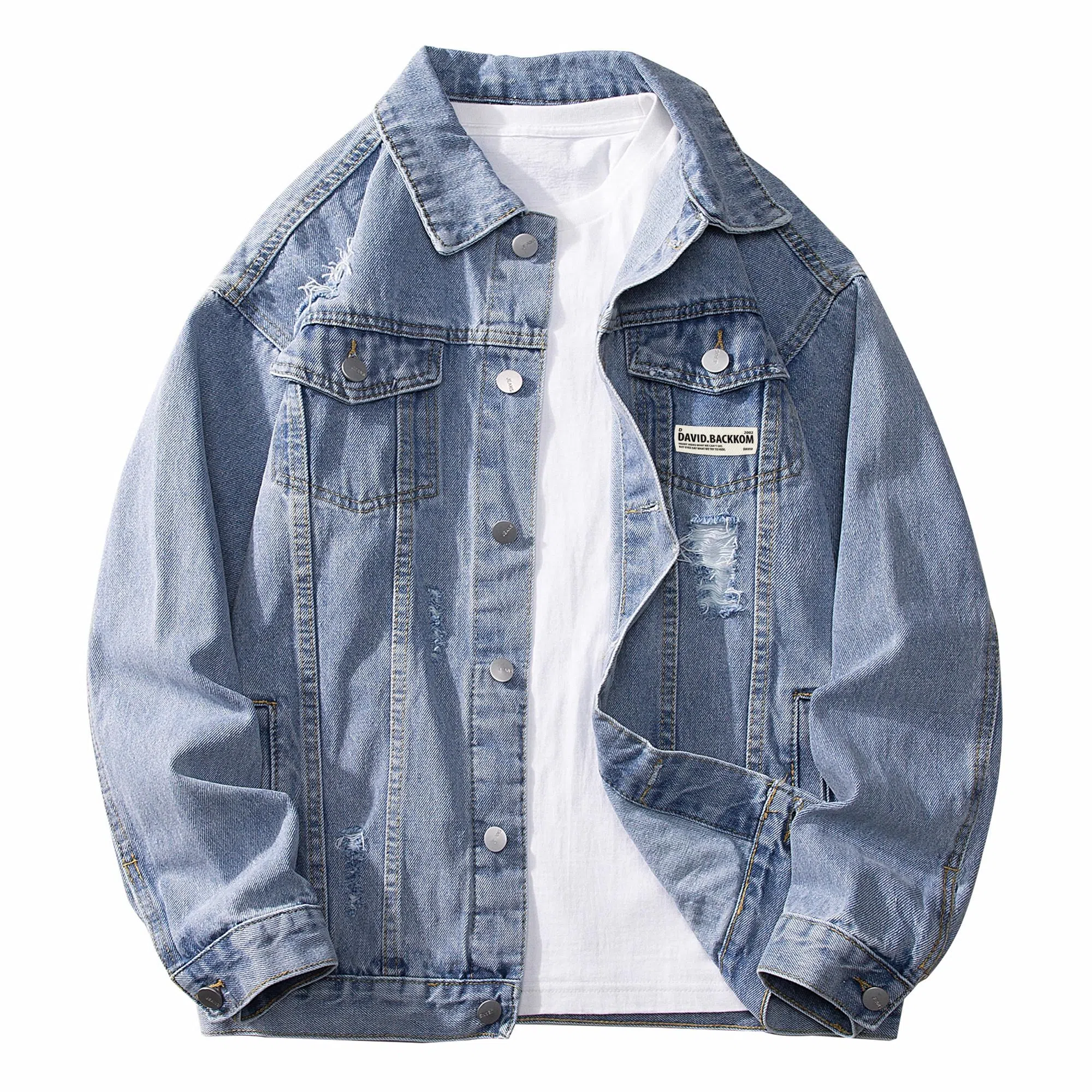 大卫贝肯 美式复古纯色基础款春秋季宽松百搭长袖翻领破洞牛仔外套 男女同款