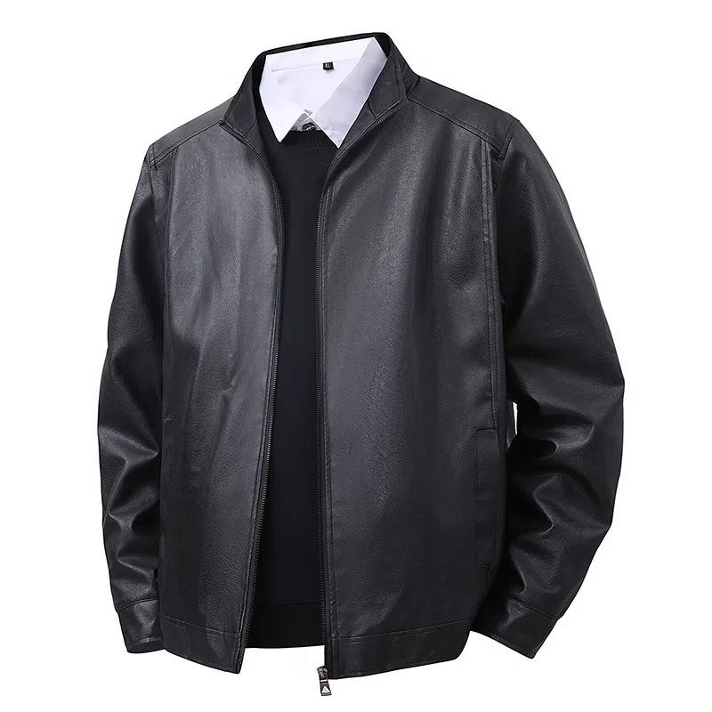 机车骑行潮牌立领加薄绒防风休闲复古纯色夹克时尚皮衣 男款 经典黑色