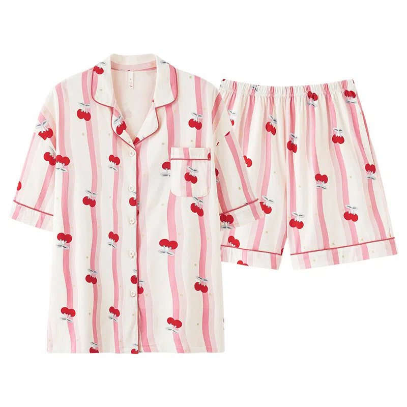 夏芬妍 柔软舒适透气亲肤条纹樱桃翻领家居服休闲凉感短袖时尚可外穿睡衣套装 女款 粉色