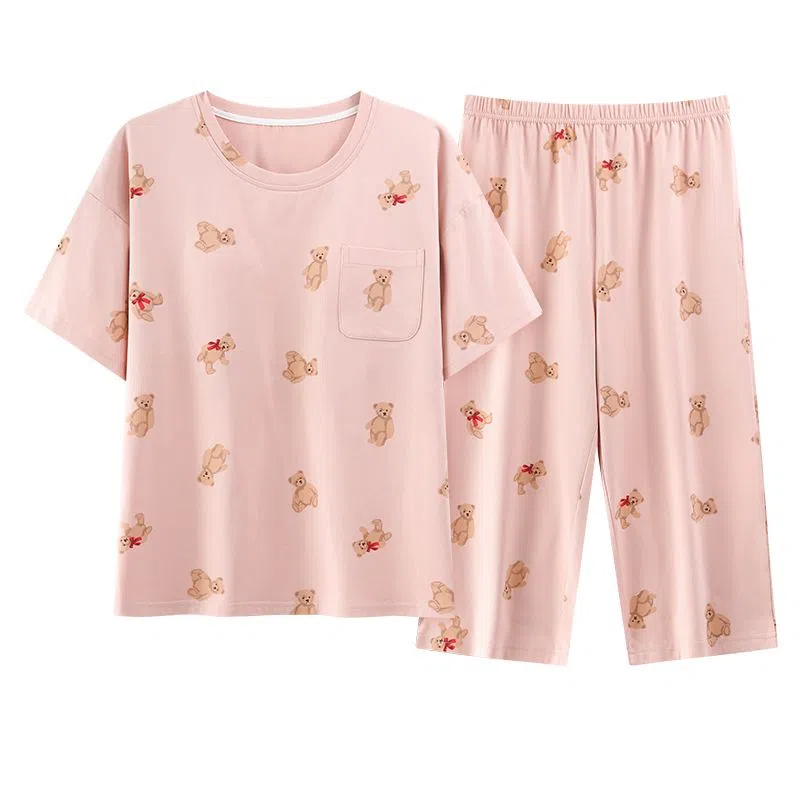 细舍 薄款休闲舒适短袖七分裤家居服睡衣套装 女款 粉红色