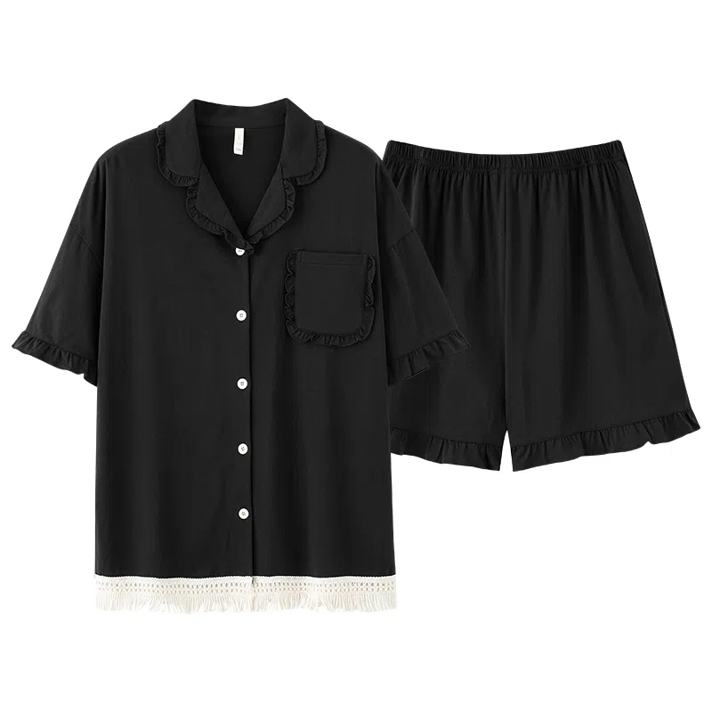 夏芬妍 柔软舒适透气亲肤纯色流苏木耳边翻领家居服休闲宽松凉感短袖时尚可外穿睡衣套装 女款 黑色