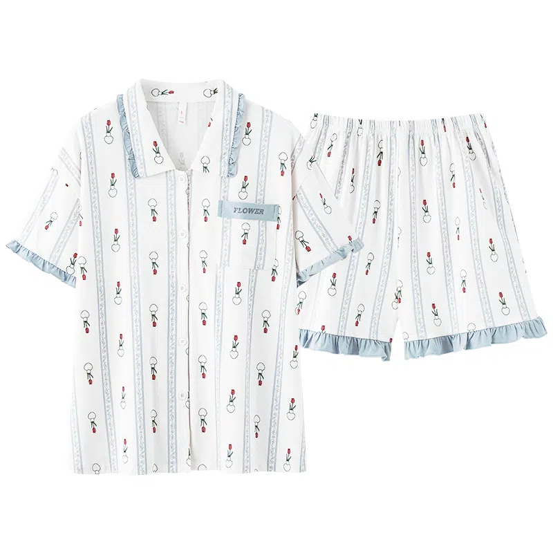 夏芬妍 柔软舒适透气亲肤条纹郁金香翻领家居服休闲凉感短袖时尚可外穿睡衣套装 女款 蓝色